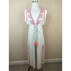 Z&L Embroidered Maxi Swim Cover Up Medium Womens Tasseled Tie Front